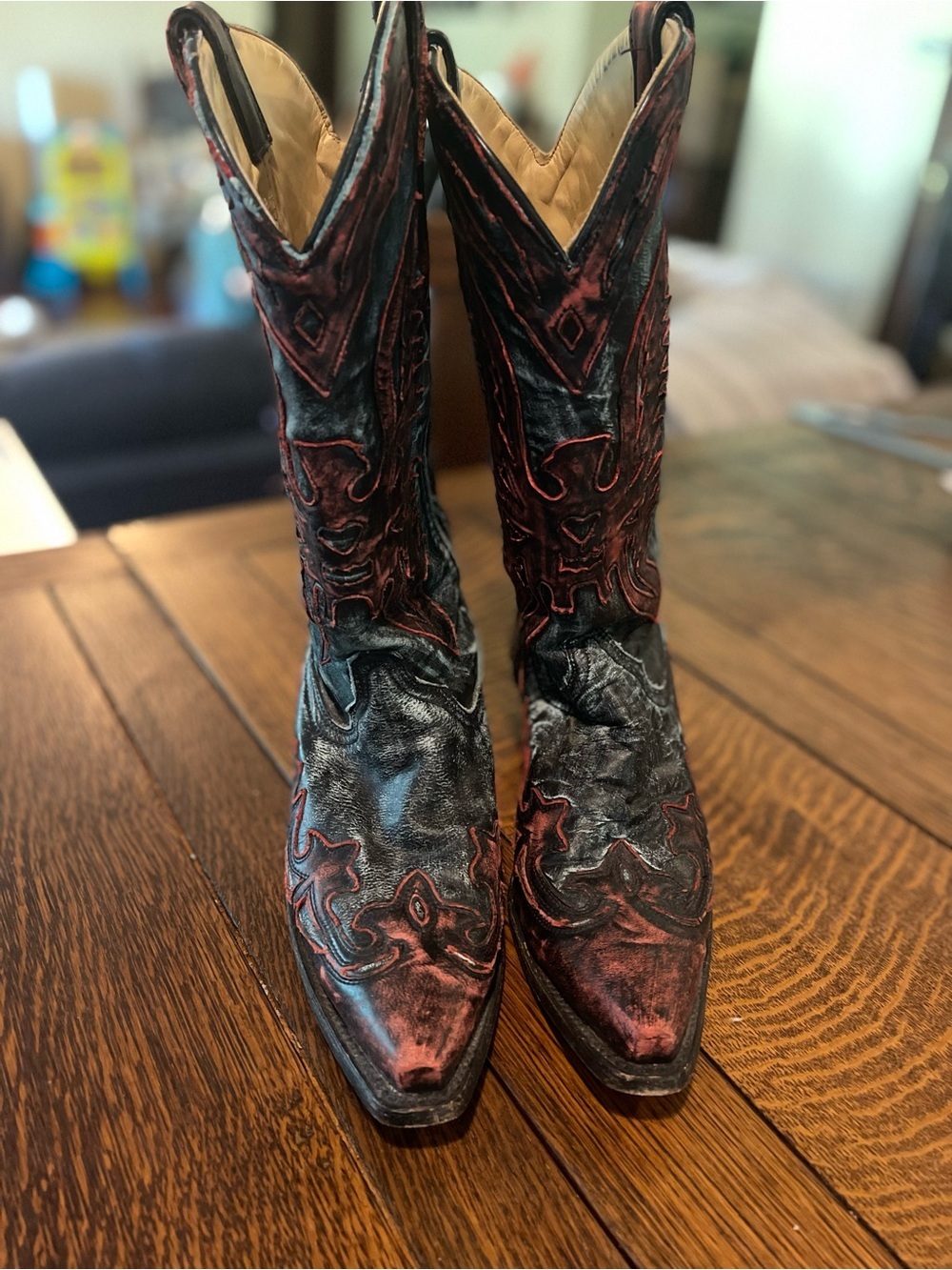 Women's Black and Red Distressed Western Heeled Boots